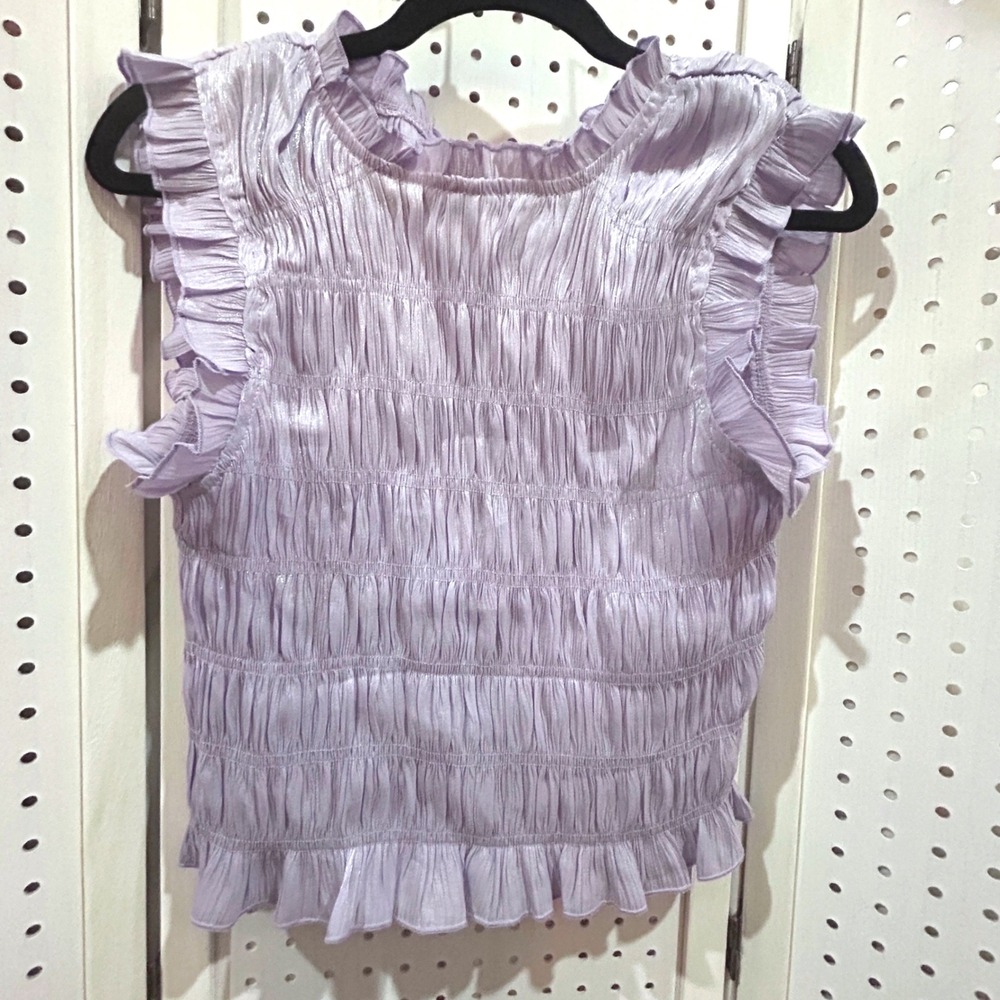 Glam Ruched Ruffle Neck Sleeveless Top Women M Lilac‎ Purple Shimmer Like New